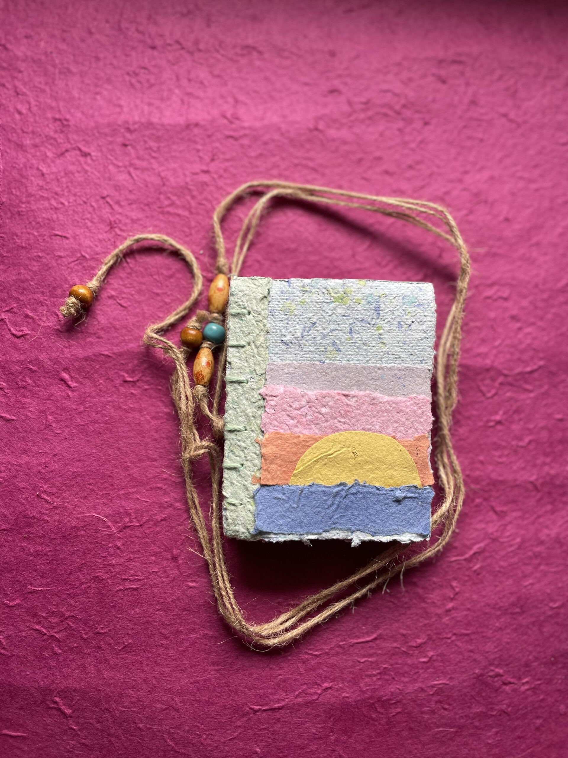 Moonrise handmade paper journal with closure open
