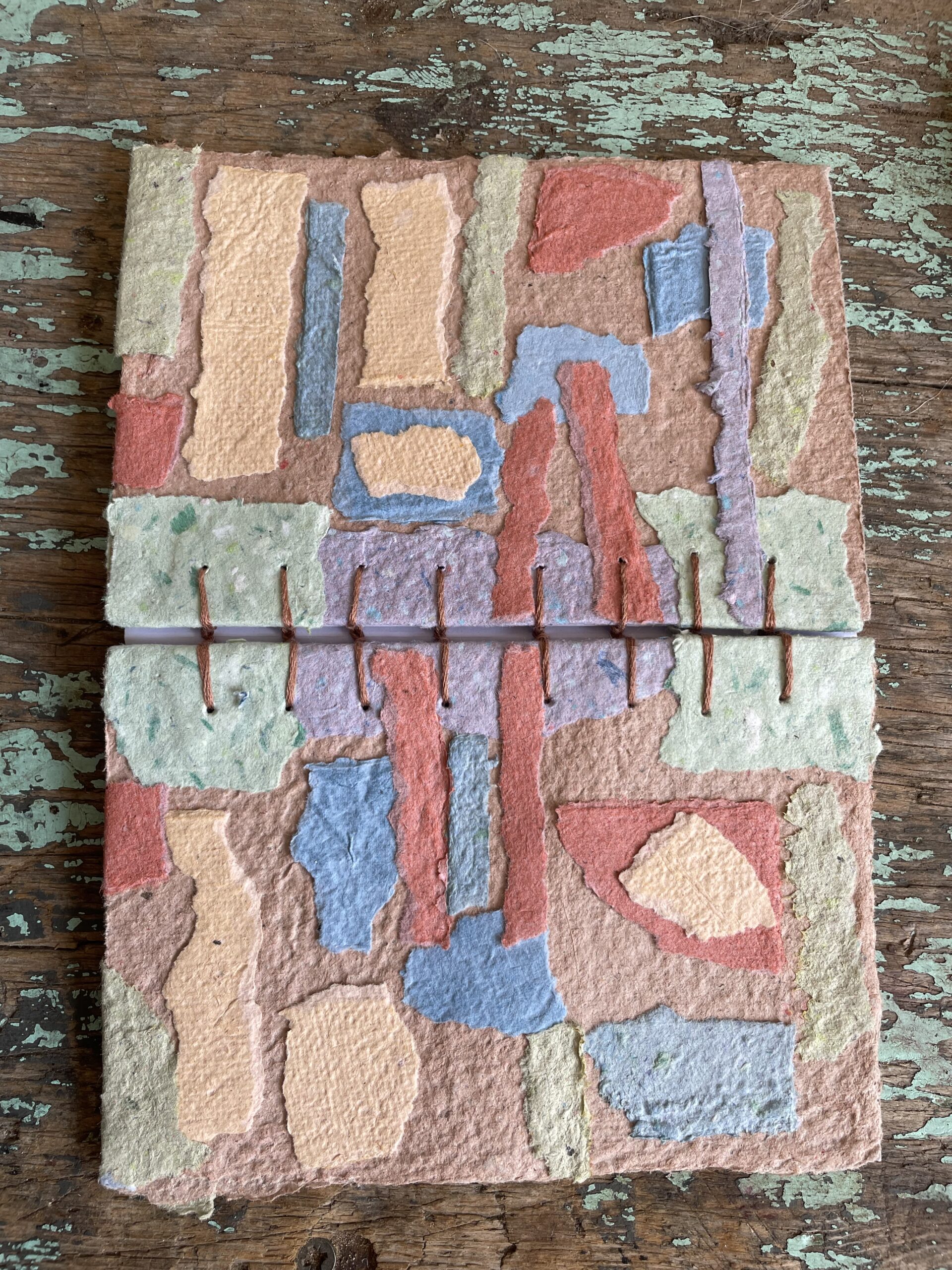 Sea Glass handmade paper collage notebook covers, front and back with coptic stitch binding