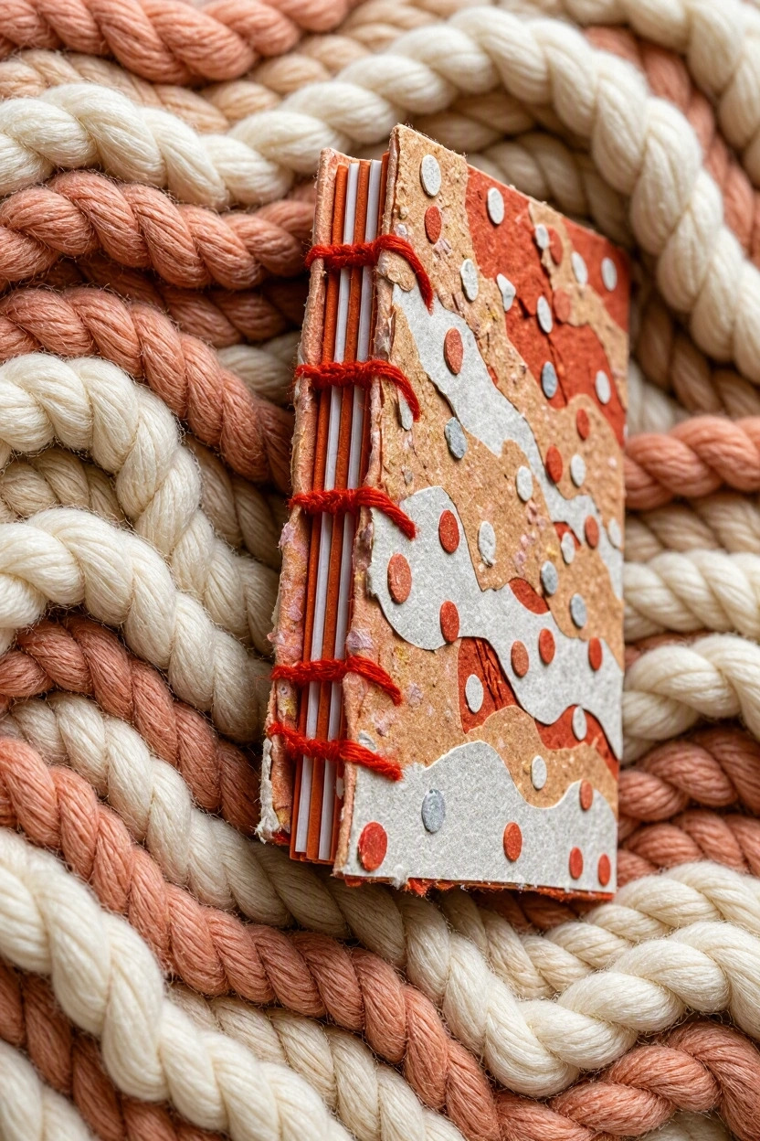 Peach Swirl Handmade Collage Notebook Coptic Stitch binding Side View